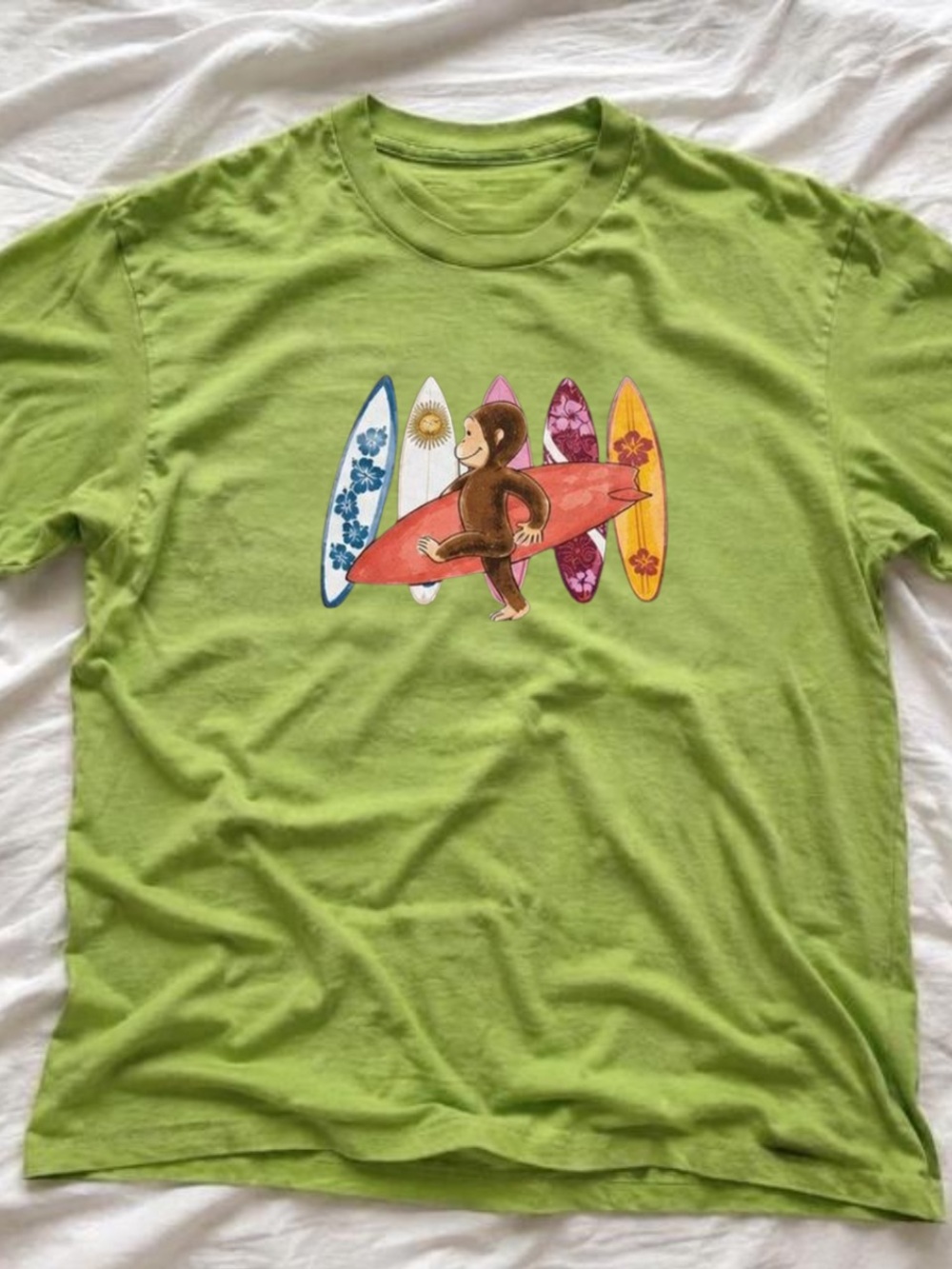 Gildan Lime Green Tee with Monkey Surfboard Graphic